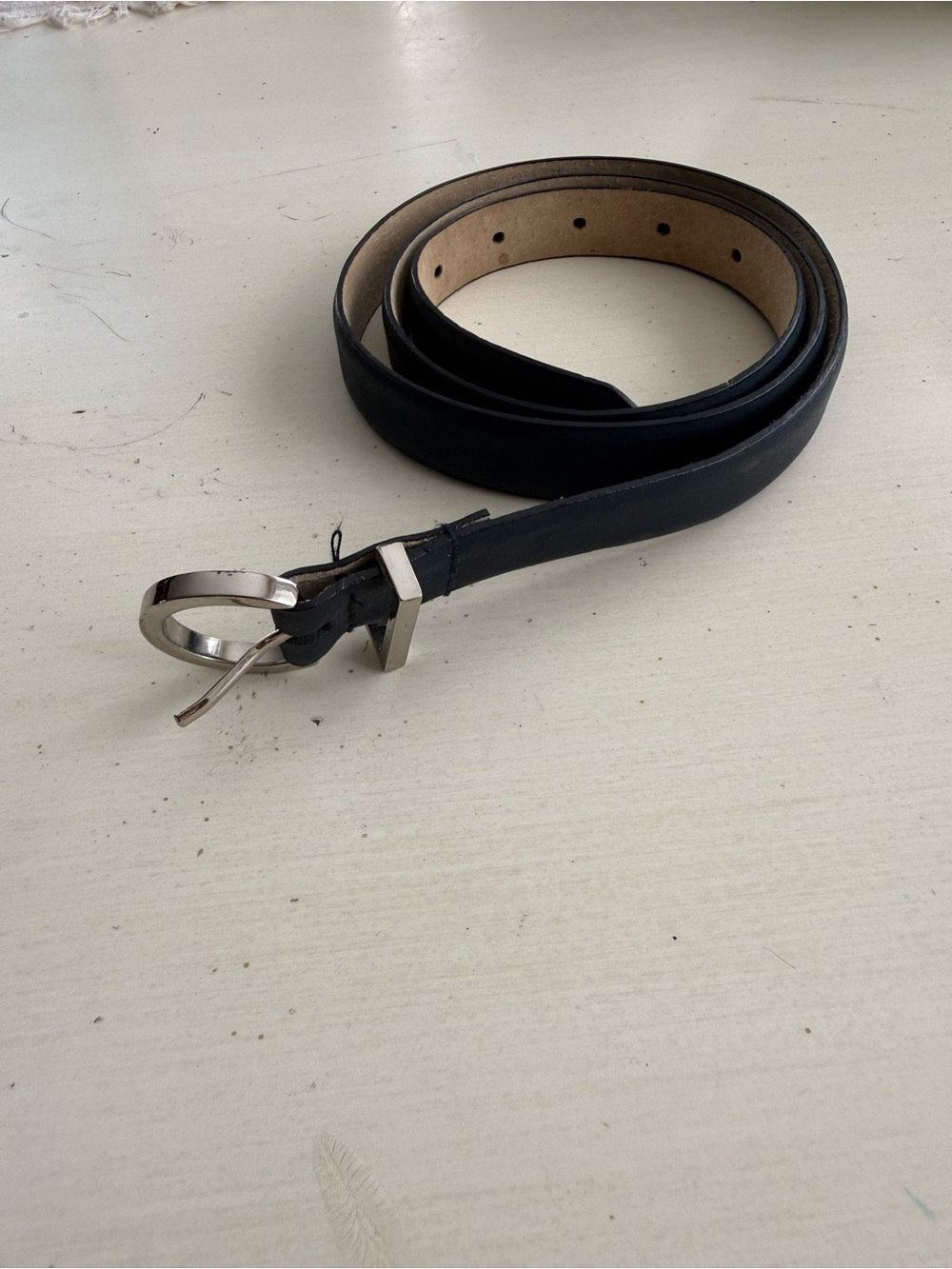 Navy Blue Leather Belt with Silver Buckle